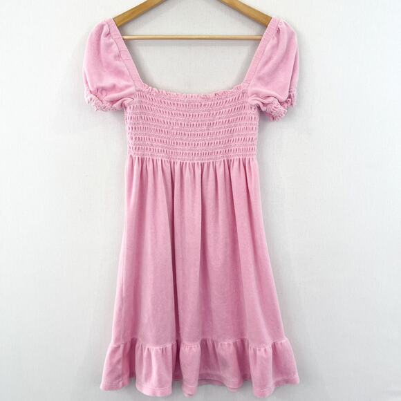 Juicy Couture Y2K Smocked Terrycloth Babydoll Dress Small Pink Puff Sleeve - Picture 2 of 6